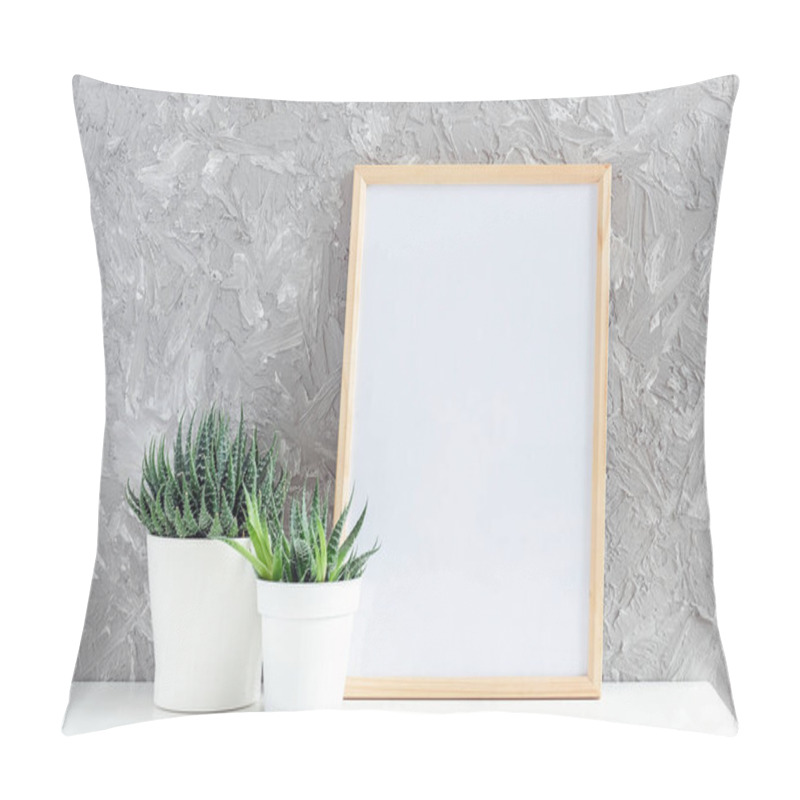 Personality  Wooden Vertical White Empty Frame And Two Natural Succulents Flowers In White Pots On Table On Gray Concrete Wall Background. Mockup Template For Your Design Pillow Covers