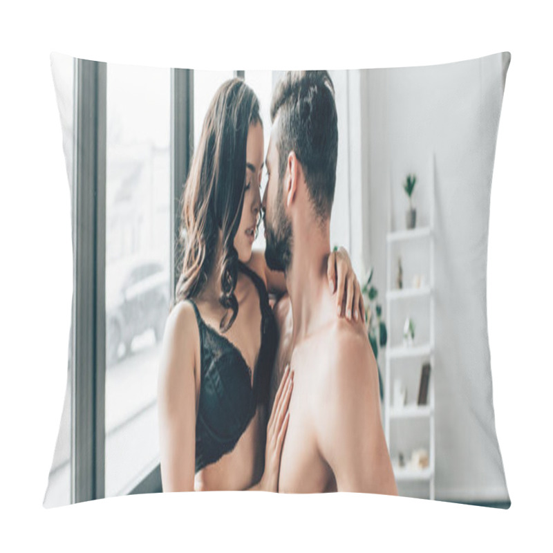 Personality  Panoramic Shot Of Shirtless Bearded Man Looking At Sexy Woman With Closed Eyed Pillow Covers