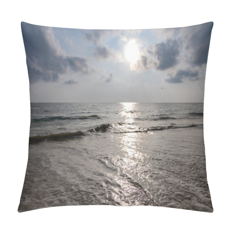 Personality  Sea Horizon With Bright Sunrise Blue Sky From Sandy Beach And Rolling Waves At Morning Pillow Covers