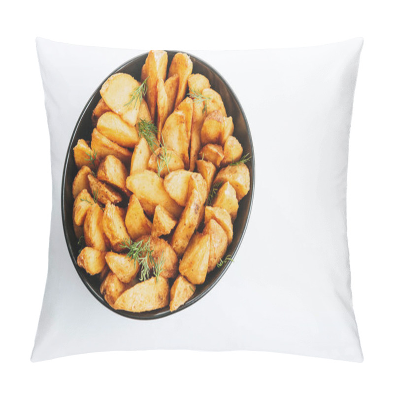 Personality  Top View Of Delicious Golden Potato Wedges With Dill In Bowl Isolated On White Pillow Covers