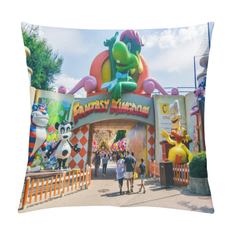 Personality  Castelnuovo Del Garda, Italy, July 2017: Gardaland Theme Amusement Park In Castelnuovo Del Garda, Verona, Italy. People Enter The Park Through A Gate With A Symbol - A Green Dragon Prezzemolo. Pillow Covers