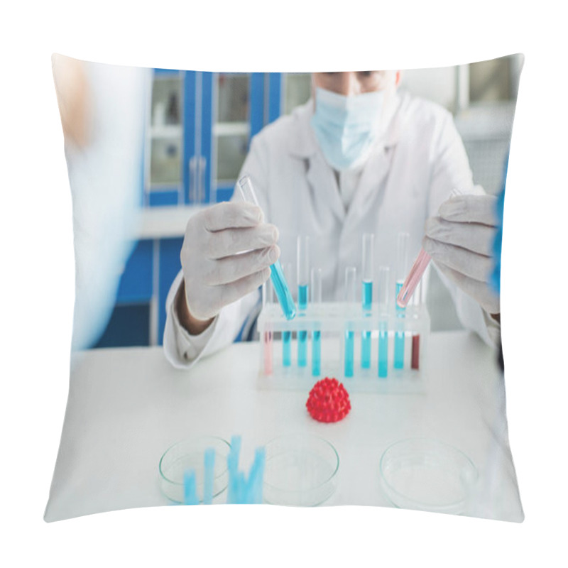 Personality  Bioengineer Holding Test Tubes With Liquid Near Coronavirus Bacteria Model  Pillow Covers