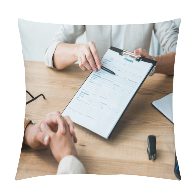 Personality  Cropped View Of Recruiter Holding Pen And Clipboard Near Man  Pillow Covers