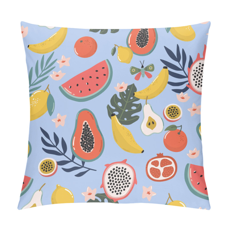 Personality  Tropical Seamless Pattern With Exotic Fruits, Palm Tree Branches And Flowers. Beautiful Summer Background. Hand Drawn Vector Illustration. Colorful Endless Texture For Wrapping, Textile, Fabric Design. Pillow Covers