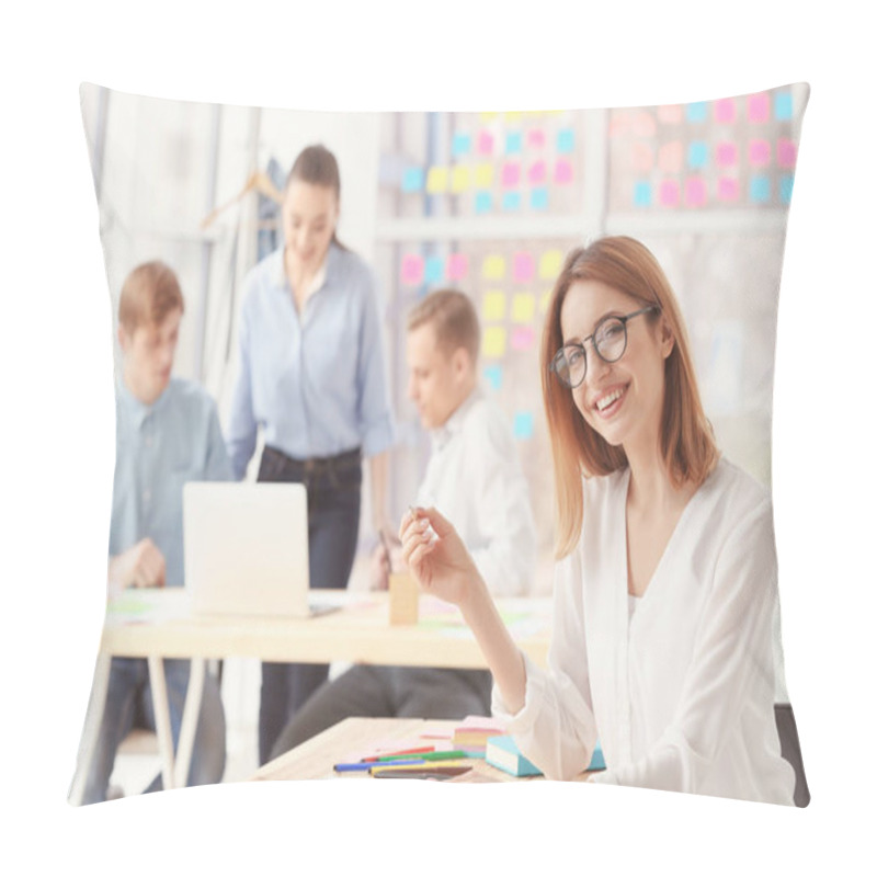 Personality  Beautiful Young Woman Working In Office Pillow Covers