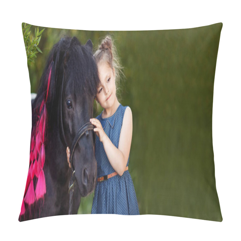 Personality  Cute Little Girl And Black Pony In A Beautiful Park. Pretty Girl Embracing  A Pony. Spring Or Summer Time. Copy Space For Text. Banner Pillow Covers