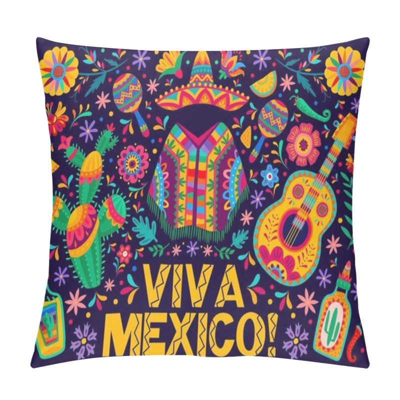 Personality  Viva Mexico Banner With Sombrero, Guitar And Poncho, Mexican Holiday Fiesta Vector Background. Tequila With Lime, Maracas And Chili Or Jalapeno Peppers In Colorful Tropical Floral Pattern Ornament Pillow Covers