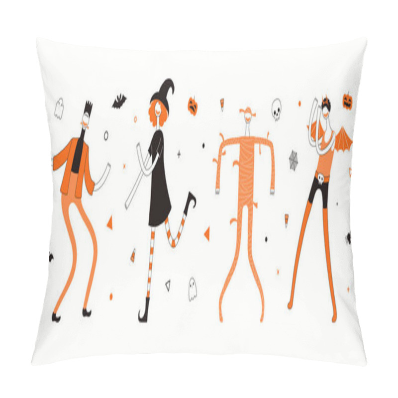 Personality  Halloween Card With Dancing Characters In Costumes. Hand Drawn Vector Illustration. Holiday Design Concept Pillow Covers