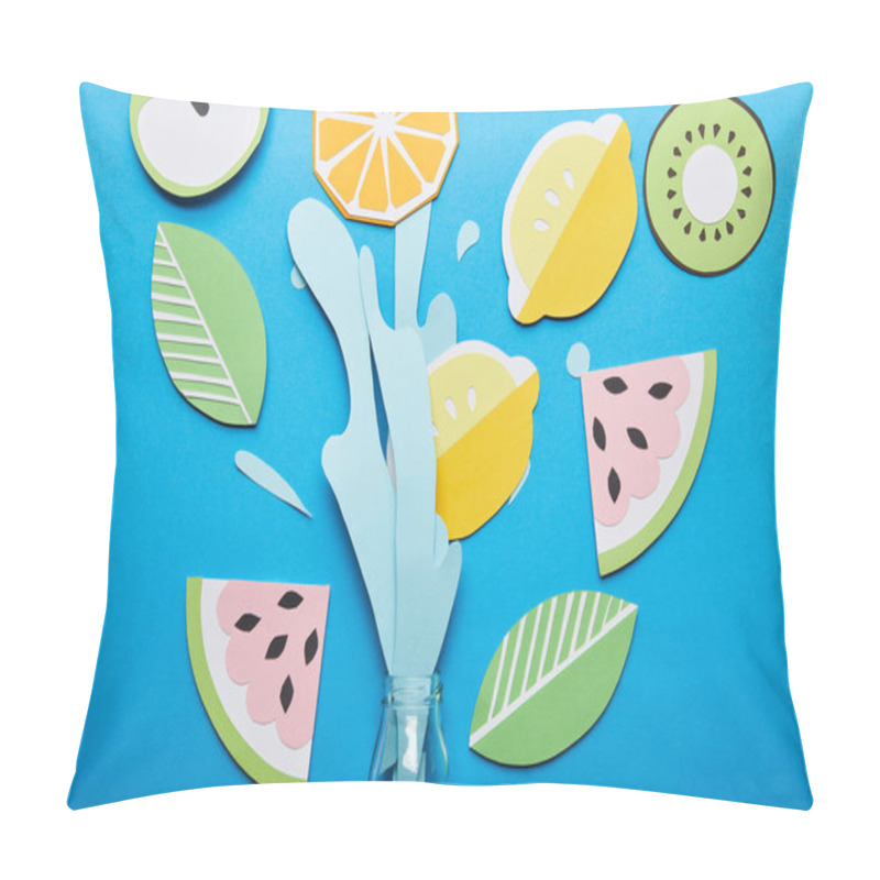 Personality  Top View Of Paper Cut Water Splash With Fruits Near Glass Bottle On Blue Background Pillow Covers