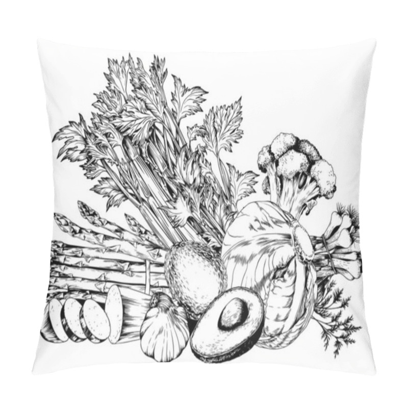 Personality  Asparagus, Celery, Avocado And Green Vegetables. Black And White Hand Drawn Vector Illustration. Pillow Covers