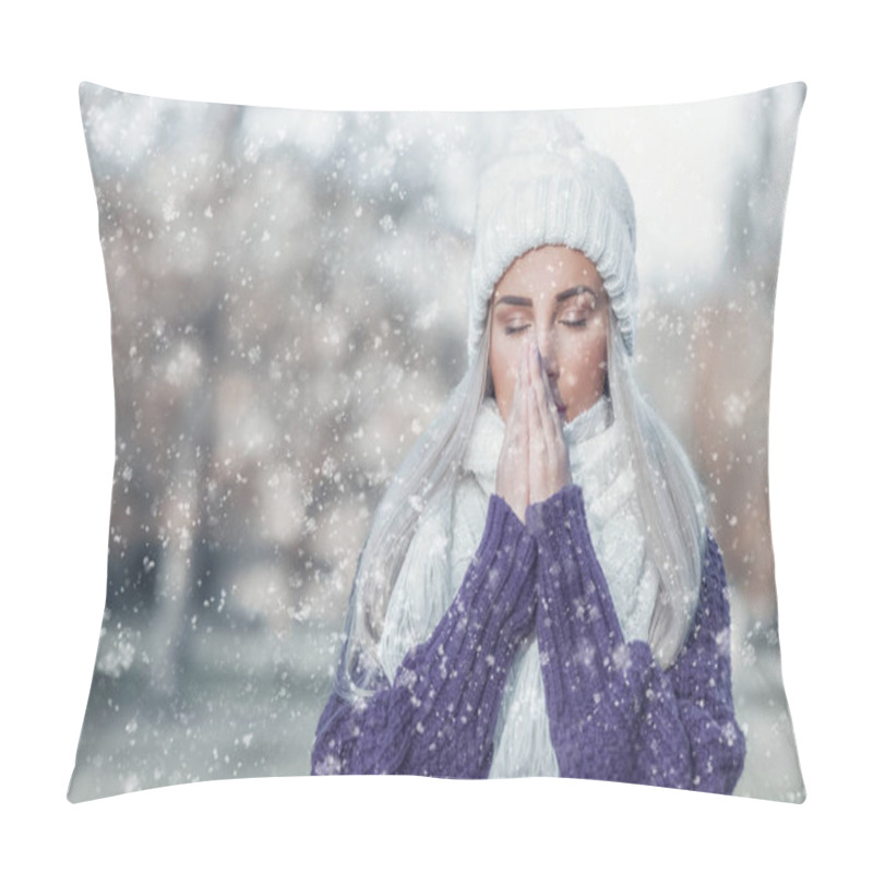 Personality  Young Woman Warming Her Hands, Wearing Warm Clothing On Snowing Winter Day Outdoors. Cute Girl Feeling Cold.Copy Space For Text. Winter Concept. Pillow Covers