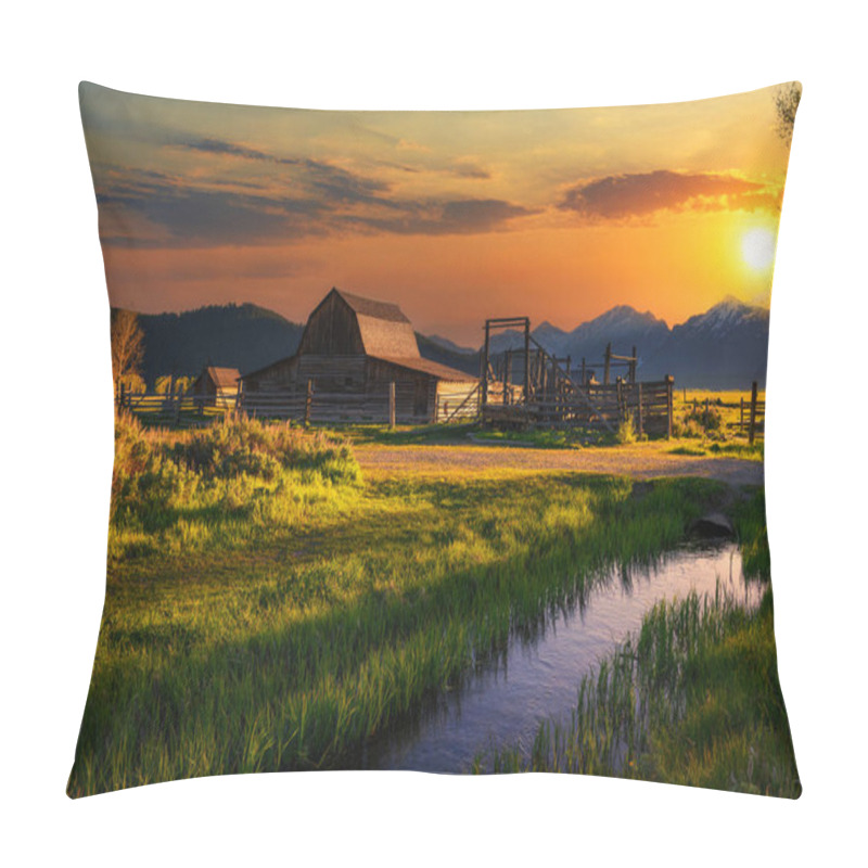 Personality  Colorful Sunset Over Historic John Moulton Barn At Mormon Row In Grand Teton National Park On A Sunny Summer Day, With Teton Mountain Range In The Background. Pillow Covers