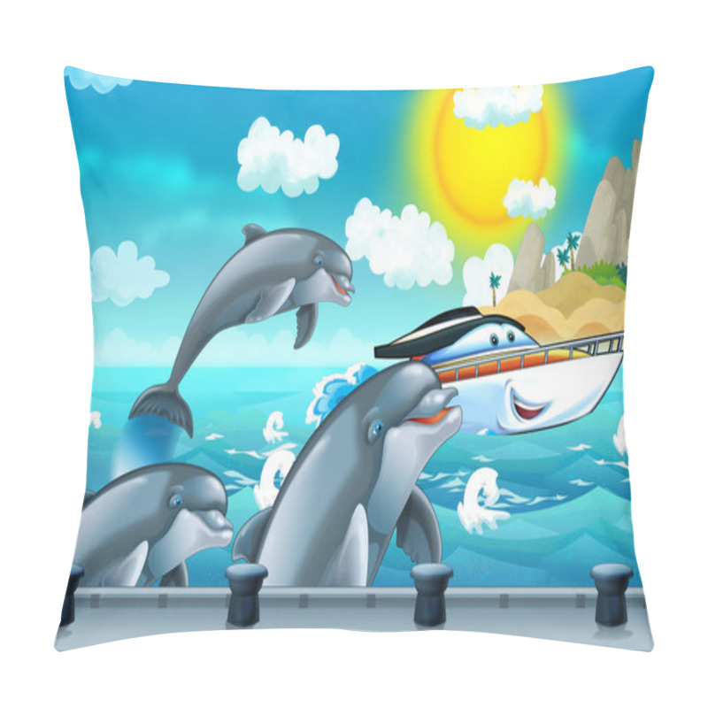 Personality  Cartoon Scene With Dolphins And Ship Sailing Into The Port - Illustration For Children Pillow Covers