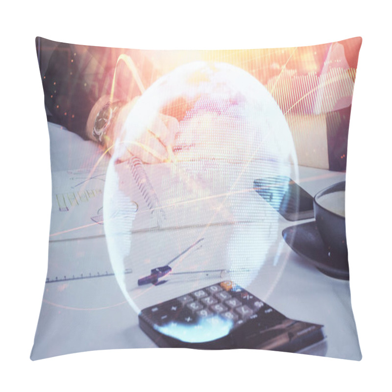 Personality  Double Exposure Of Hands And Notepad With Business Icons. Pillow Covers