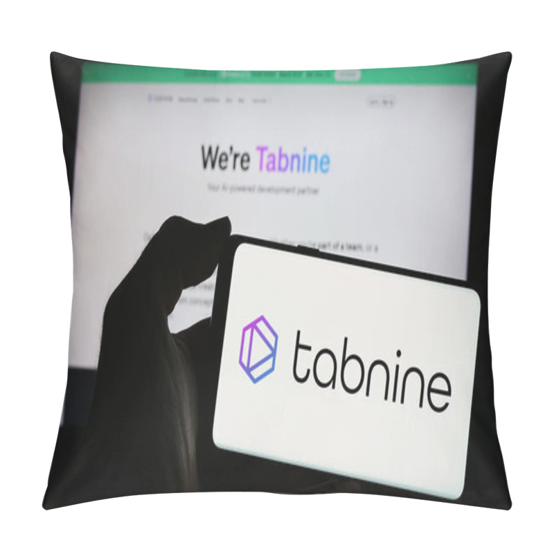 Personality  Stuttgart, Germany - 03-08-2024: Person Holding Mobile Phone With Logo Of Israeli AI Coding Company Tabnine Ltd. In Front Of Business Web Page. Focus On Phone Display. Pillow Covers