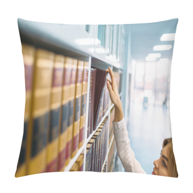 Personality  Female Student Looking Book At The Shelf In Library. Young Woman In Reading Room, Library Pillow Covers