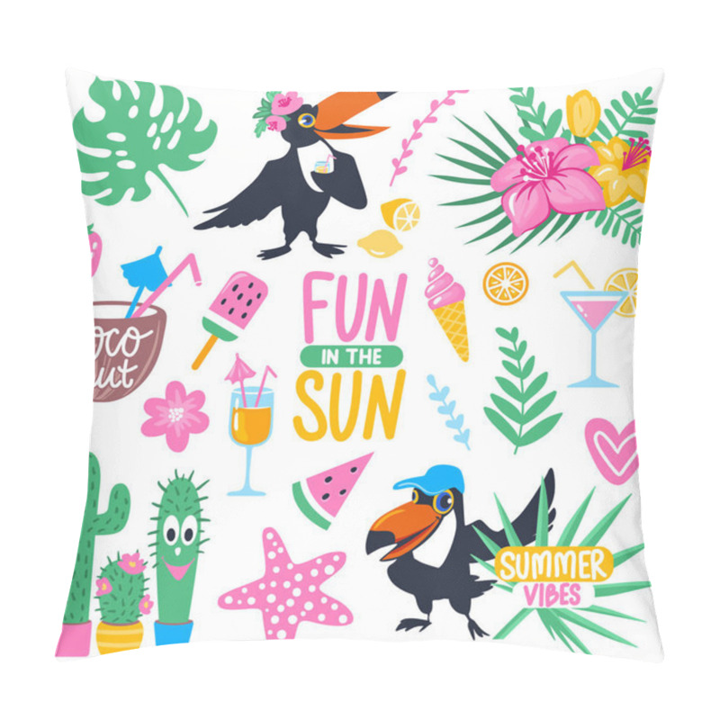 Personality  Vector Summer Set With Cartoon Toucan, Monstera, Tropical Leaves Pillow Covers