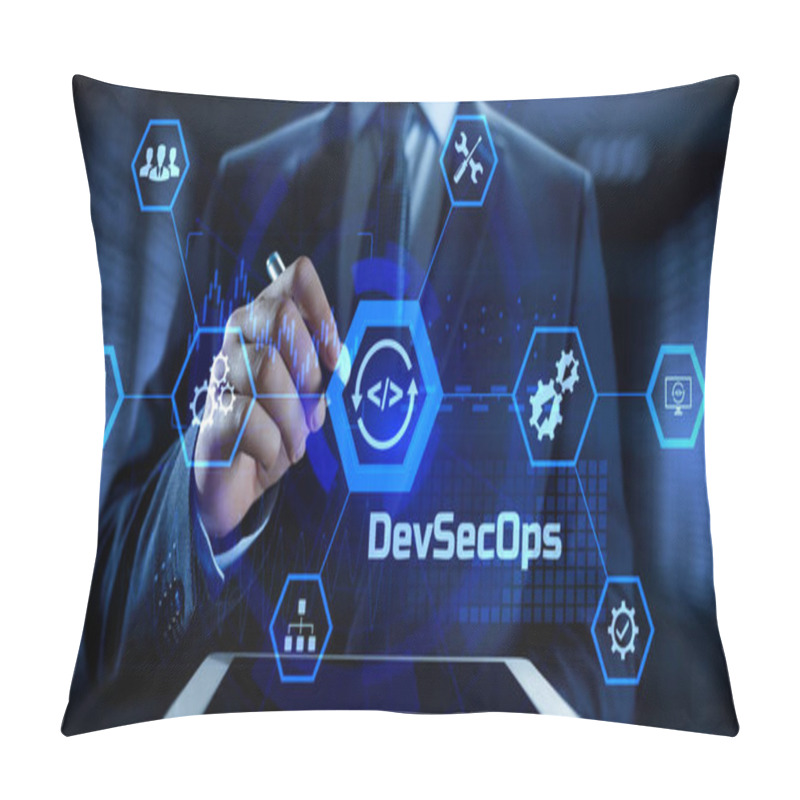 Personality  DevSecOps Software Development Cycle Programming Concept. Businessman Pressing Button. Pillow Covers