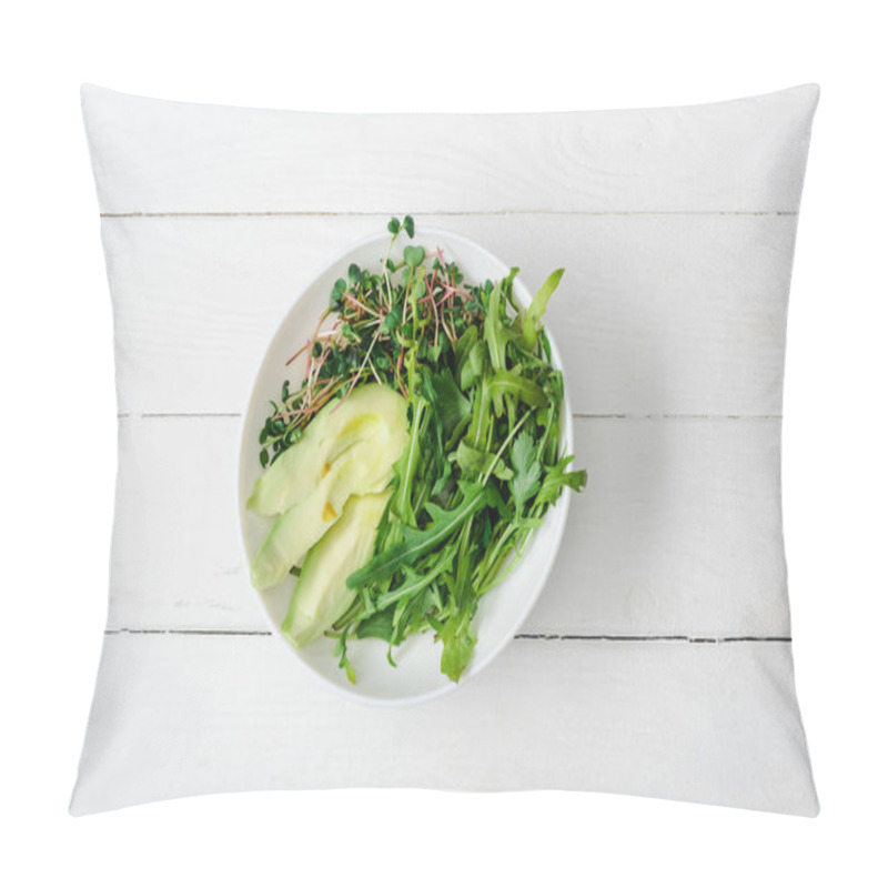 Personality  Top View Of Arugula, Avocado And Microgreen In Bowl On White Wooden Surface Pillow Covers