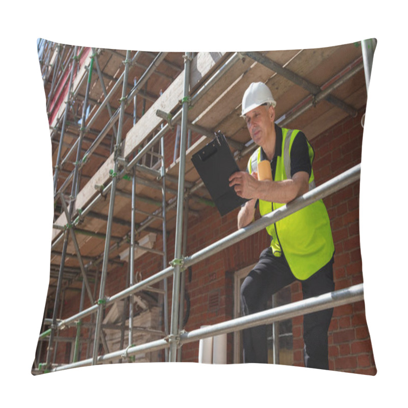 Personality  Male Builder Foreman, Construction Worker Or Architect On Site Holding A Clipboard And Drinking A Mug Of Coffee Or Tea Pillow Covers