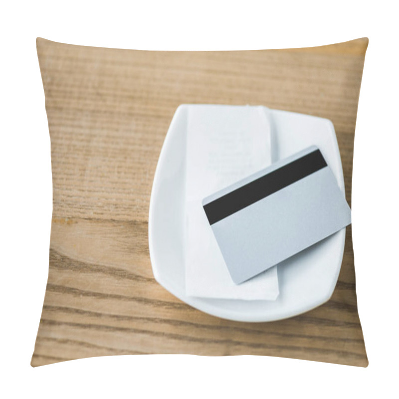 Personality  Credit Card On White Plate With Receipt On Wooden Table  Pillow Covers