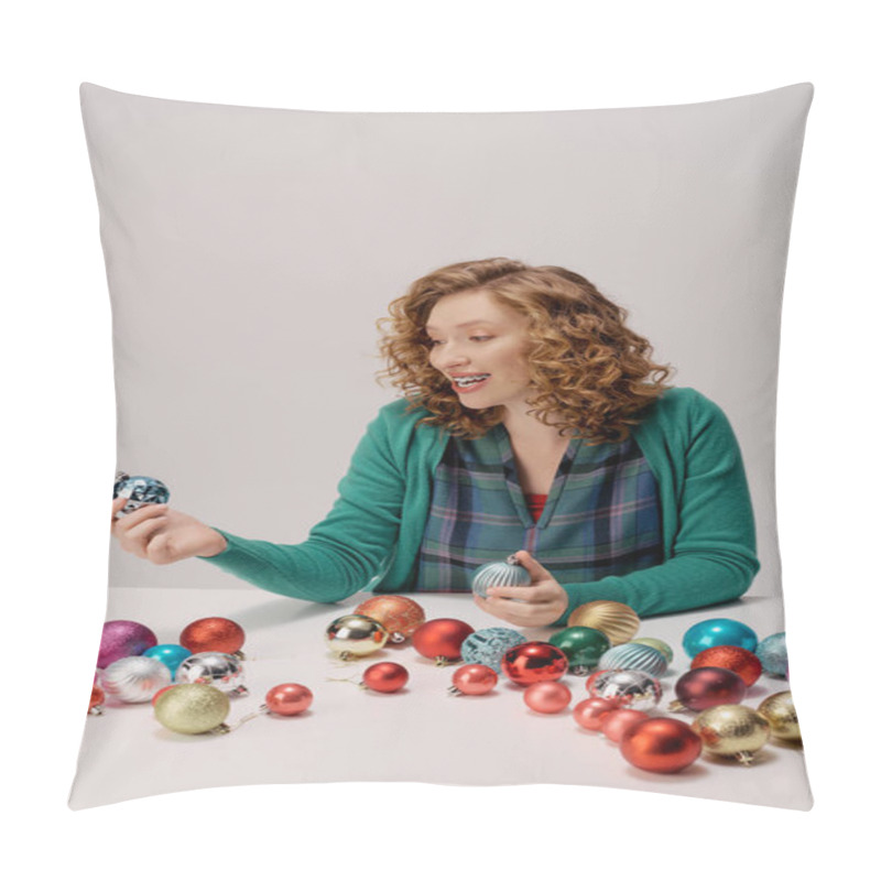 Personality  The Young Woman Joyfully Chooses Bright Ornaments, Creating A Festive Vibe. Pillow Covers