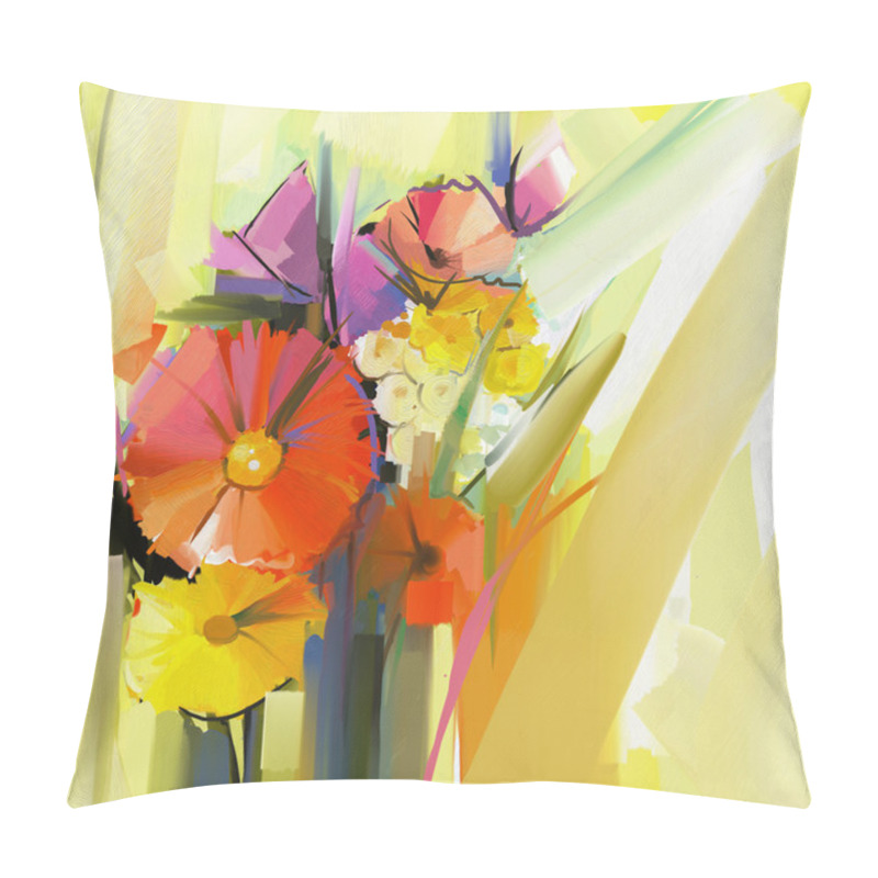 Personality  Abstract Oil Painting Of Spring Flower. Still Life Of Yellow And Red Gerbera Flowers Pillow Covers