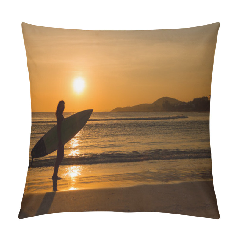 Personality  Rear View Of Beautiful Sexy Young Woman Surfer Girl In Bikini With White Surfboard On A Beach At Sunset Or Sunrise Pillow Covers