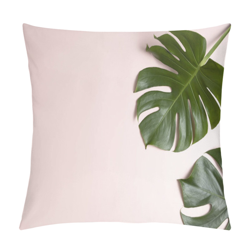 Personality  Fresh Green  Tropical Monstera Leaf On Pink Background With Copy Pillow Covers