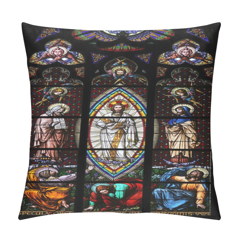 Personality  Transfiguration on Mount Tabor, Stained glass in Votiv Kirche (The Votive Church). It is a neo-Gothic church in Vienna pillow covers