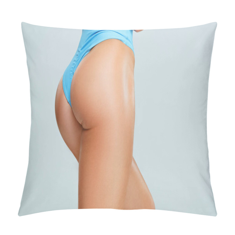 Personality  Cropped Image Of Sexy Female Buttocks In Blue Swimwear Isolated On Grey Pillow Covers