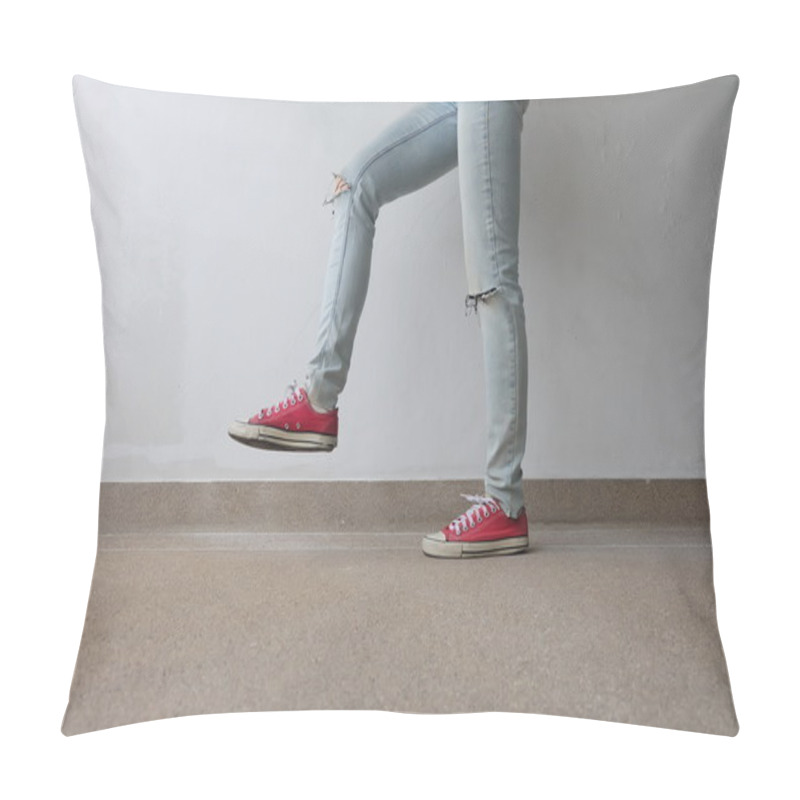 Personality  Young Fashion Woman's Legs In Blue Jeans And Red Sneakers On Floor  Pillow Covers