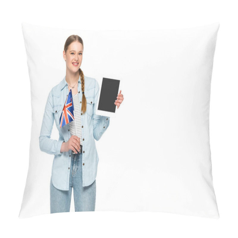 Personality  Smiling Pretty Girl With Braid Holding Digital Tablet With Blank Screen And Uk Flag Isolated On White Pillow Covers