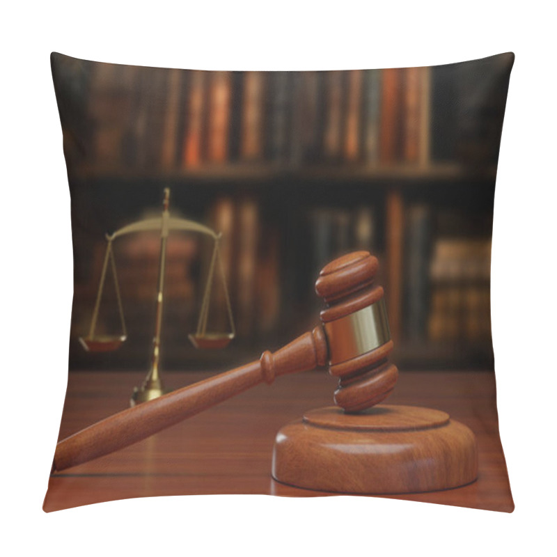 Personality  Wooden Gavel And Justice Scales On Wooden Desk. Justice Concept. 3d Illustration. Pillow Covers