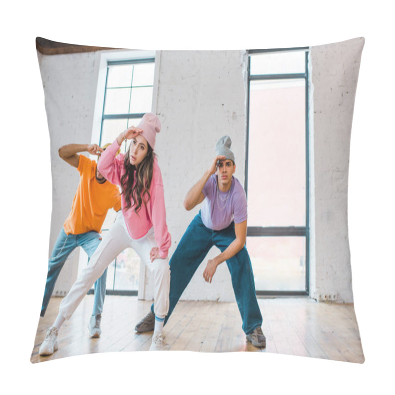 Personality  Stylish Girl Breakdancing With Multicultural Men In Hats  Pillow Covers