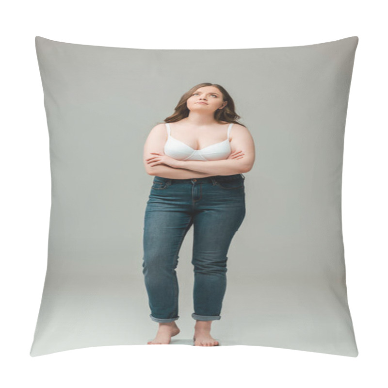 Personality  Plus Size Woman In Jeans And Bra Standing With Crossed Arms On Scales And Looking Up On Grey Pillow Covers