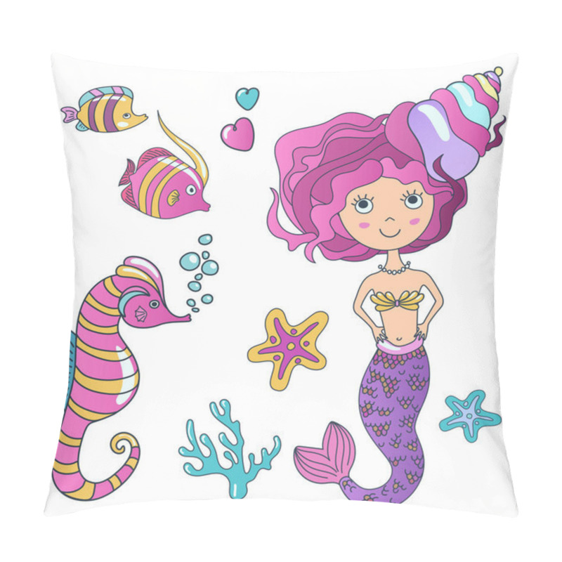 Personality  Vector Beautiful Cute Little Siren Mermaid With Sea Horse Hippocampus, Tropic Fish And Sea Stars. Hand Drawn Illustration. Pillow Covers