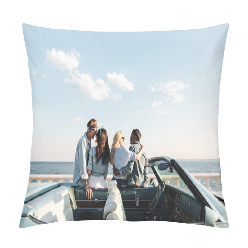 Personality  Back View Of Two Couples Standing And Hugging Near Car Pillow Covers