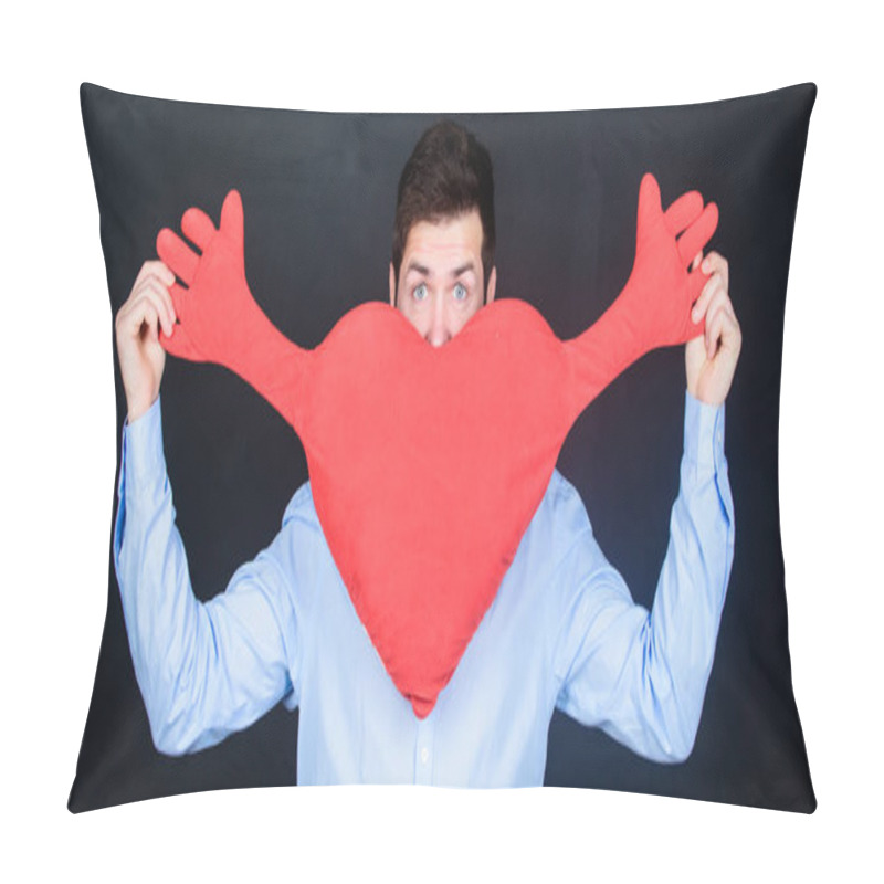 Personality  Being In Love Feels Like Illness. Love Sickness And Heart Problems. Unhealthy Man Holding Big Red Heart. Valentines Man Expressing Love On 14 February. Having Heart Attack And Heartache Pillow Covers