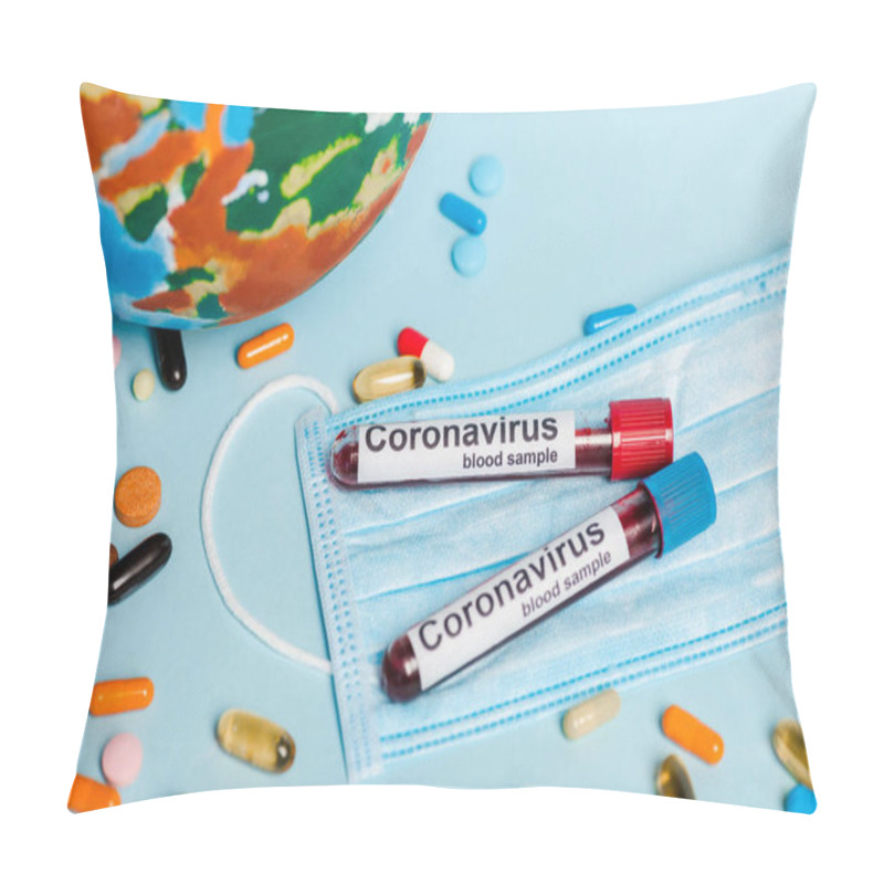 Personality  Test Tubes With Blood Samples And Coronavirus Lettering Near Medical Mask, Pills And Globe On Blue Background Pillow Covers