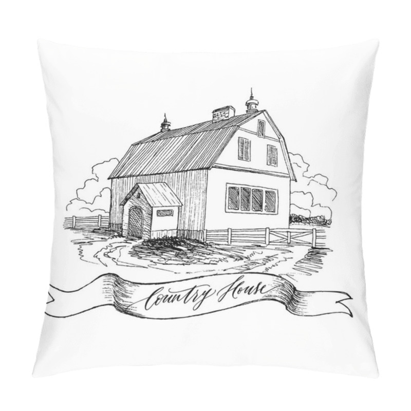 Personality  Rural Landscape With Old Farmhouse And Garden. Hand Drawn Illustration In Vintage Style. Large Residential Barn With A Wooden Fence. Retro Tape With An Inscription Country House. Vector Design Pillow Covers