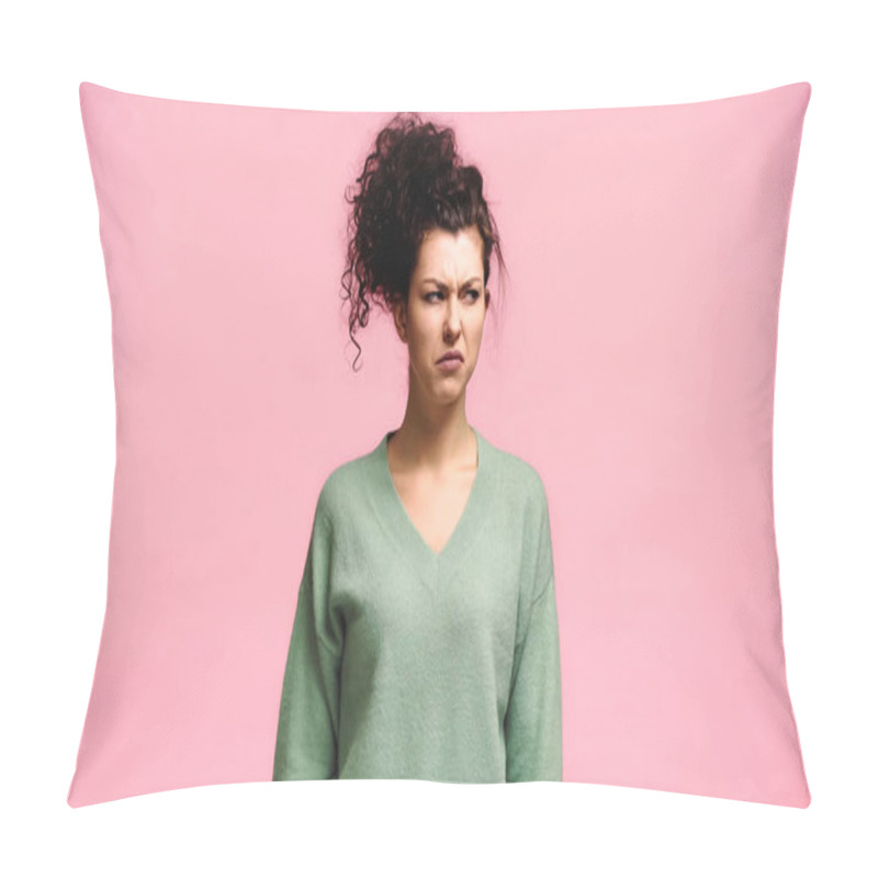 Personality  Displeased Woman In Green Pullover Looking Away Isolated On Pink Pillow Covers