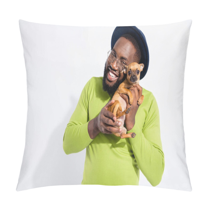 Personality  Portrait Of Cheerful Guy Hugging His Toy Terrier Wearing Eyeglasses Eyewear Isolated Over White Background Pillow Covers