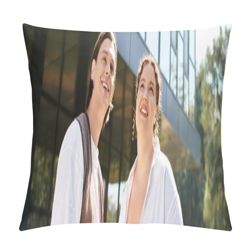 Personality  A Young Plus Size Woman And Her Male Friend Share Laughter Under The Sun, Enjoying Their Time. Pillow Covers