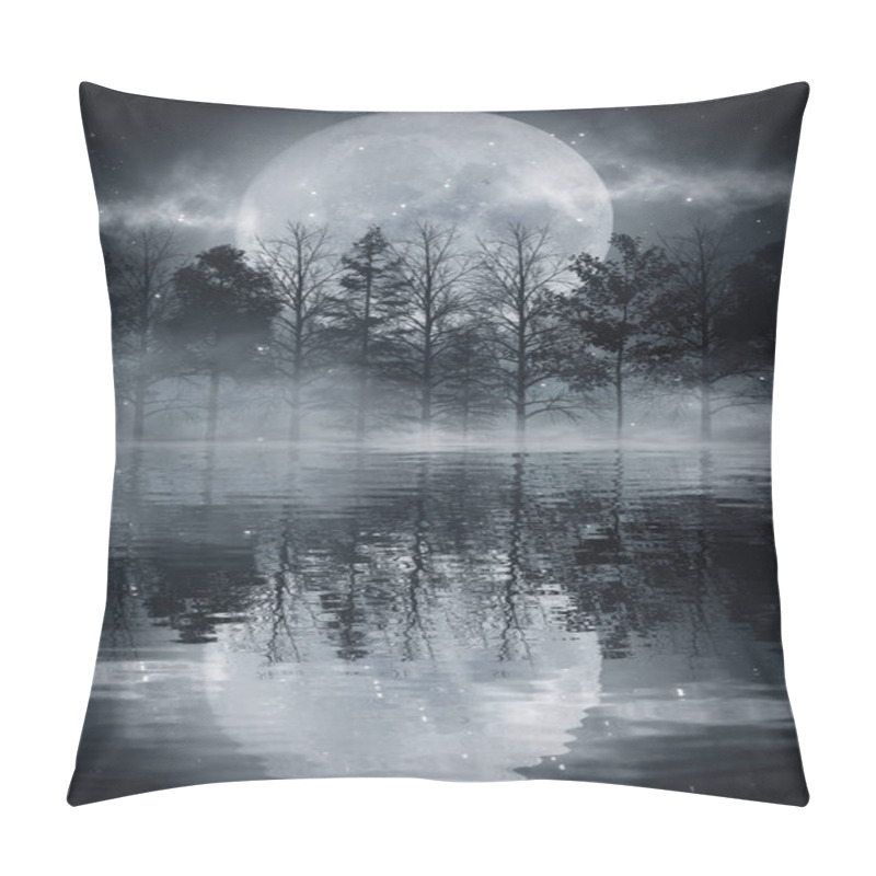 Personality  Dark Cold Futuristic Forest. Dramatic Sccna With Trees, Big Moon, Moonlight. Smoke, Shadow, Smog, Snow. Night Forest Landscape Reflection In The River, Sea, Ocean. Pillow Covers