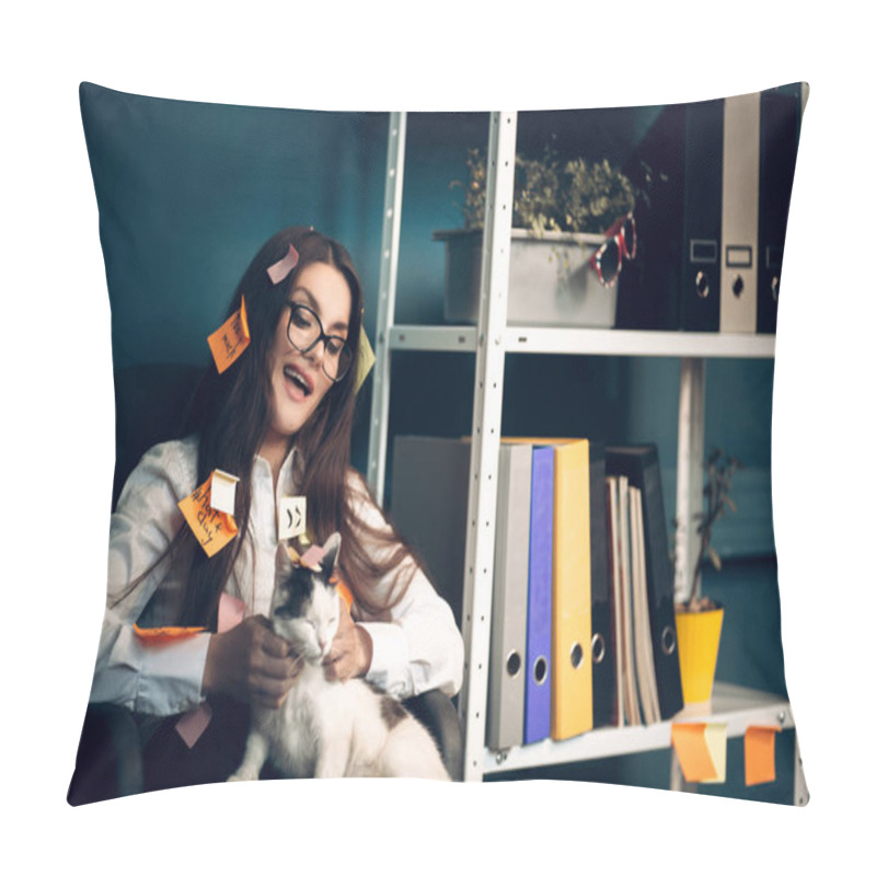 Personality  Woman With Stickers All Over Her Holding Cat. Pillow Covers