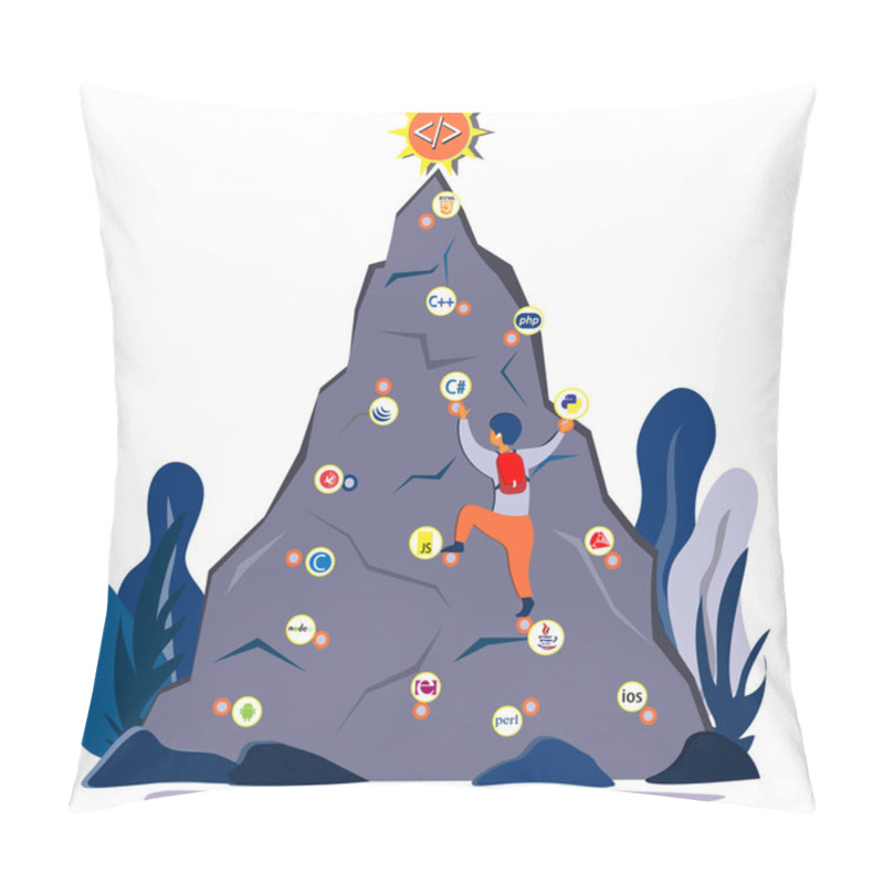 Personality  A Man Climbs On A Mountain, Relying On Different Programming Languages, Striving For Professional Skills In Programming. Illustration In Flat Style. Pillow Covers