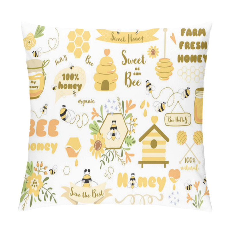 Personality  Bees Set Cute Honey Clipart Hand Drawn Bee Honey Elements Hive Honeycomb Pot Spoon Beekeeping Text Phrases In Ribbon Wreath Floral Bee Bouquet. Sticker Tag Icon Logo Honey Design Kit Illustration. Pillow Covers