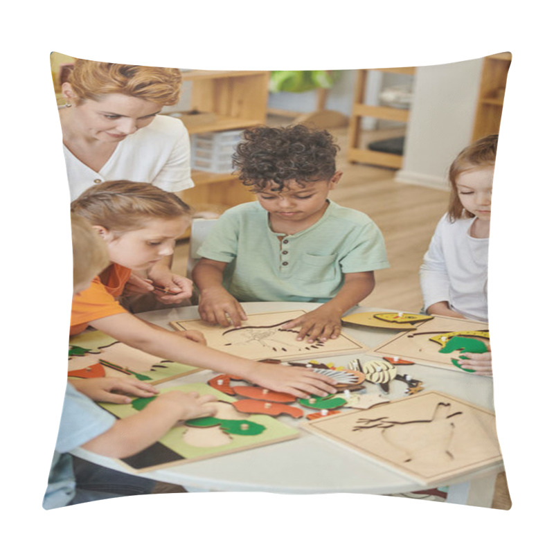 Personality  Multiethnic Kids And Teacher Playing With Didactic Materials In Montessori School Pillow Covers