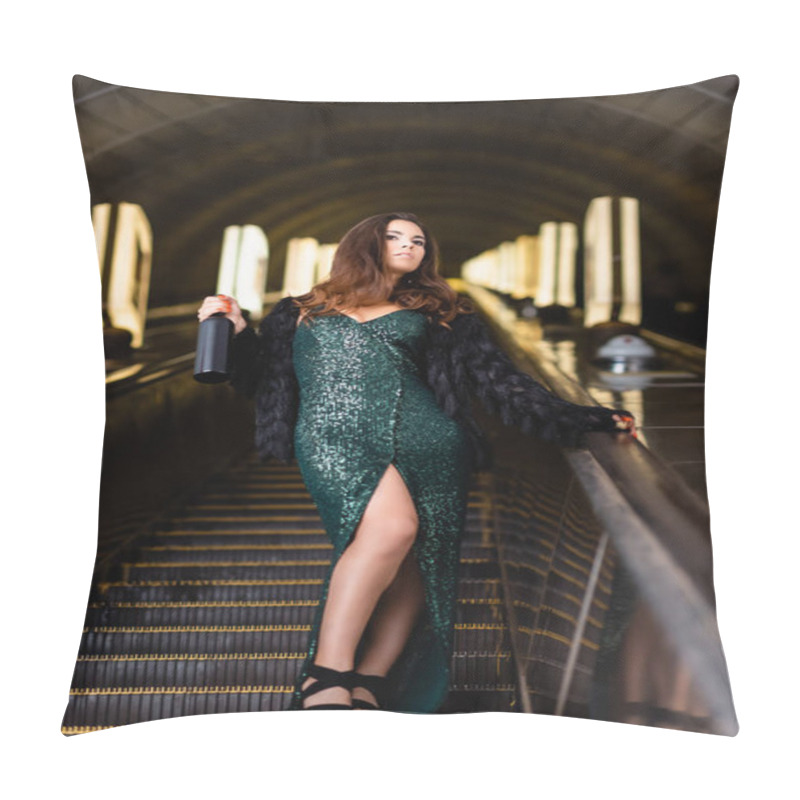 Personality  Trendy Woman In Black Lurex Dress Holding Bottle Of Wine While Looking Away On Escalator Pillow Covers